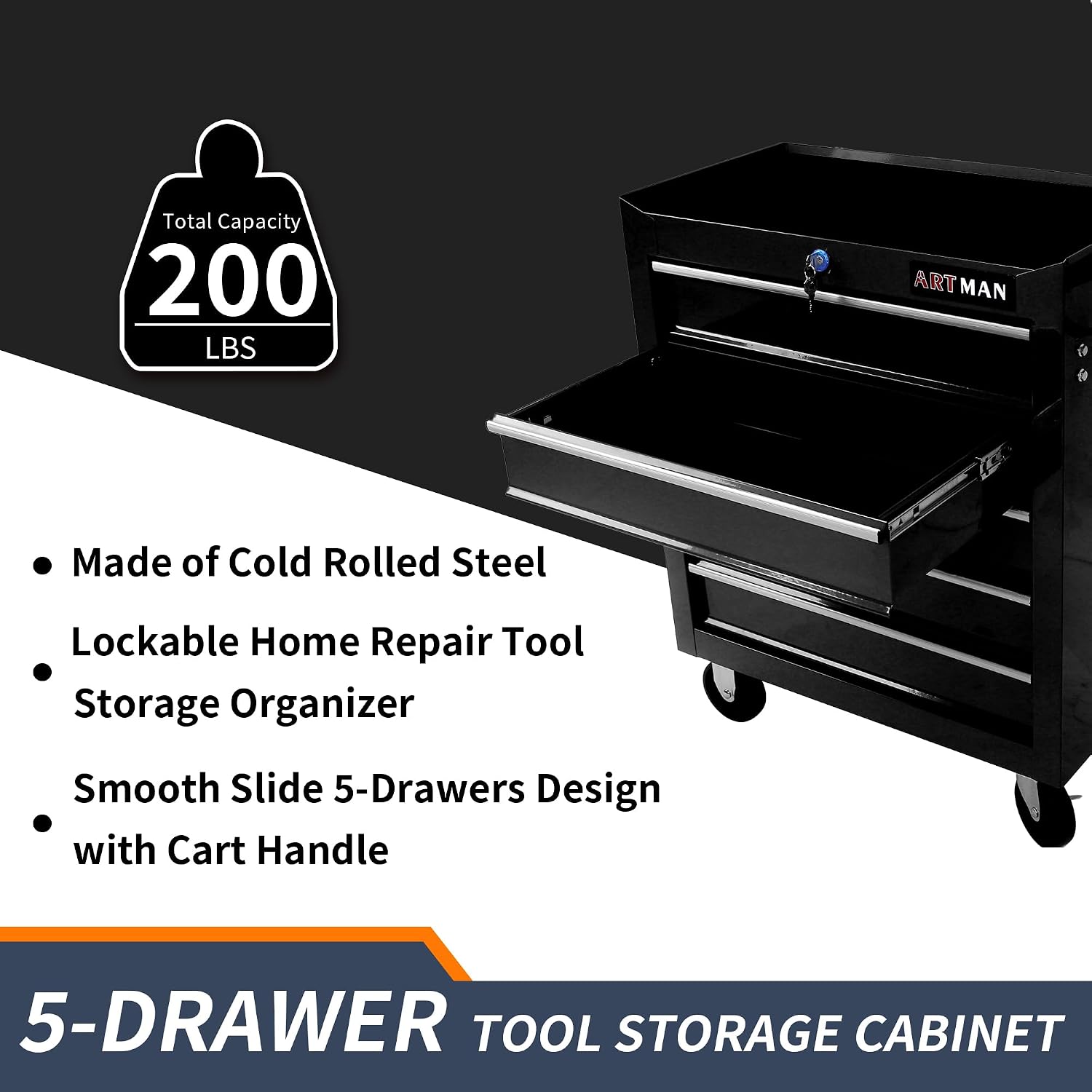 5 Drawers Rolling Tool Box，Tool Chest on Wheels, Lockable Tool Storage Cabinet Organizer Cabinet for Garage, Warehouse, Repair Shop, Workshop