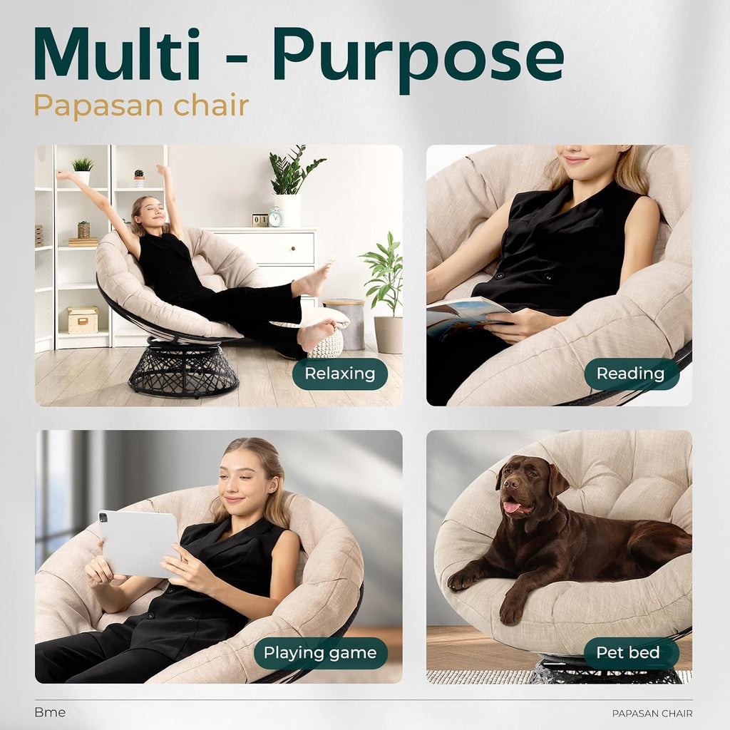 Bme 40' Ergonomic Wicker Papasan Chair with Soft Thick Density Fabric Cushion, High Capacity Steel Frame, 360 Degree Swivel for Living, Bedroom, Reading Room, Lounge, Sepia Sand - Black Base