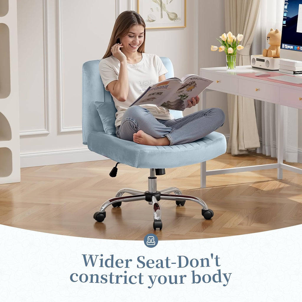 Criss Cross Office Chair with Wheels, Velvet Cross Legged Desk Chair for Bedroom, Armless Computer Chair, Modern Vanity Chair, Festival for Adults, Velvet Dusk Blue