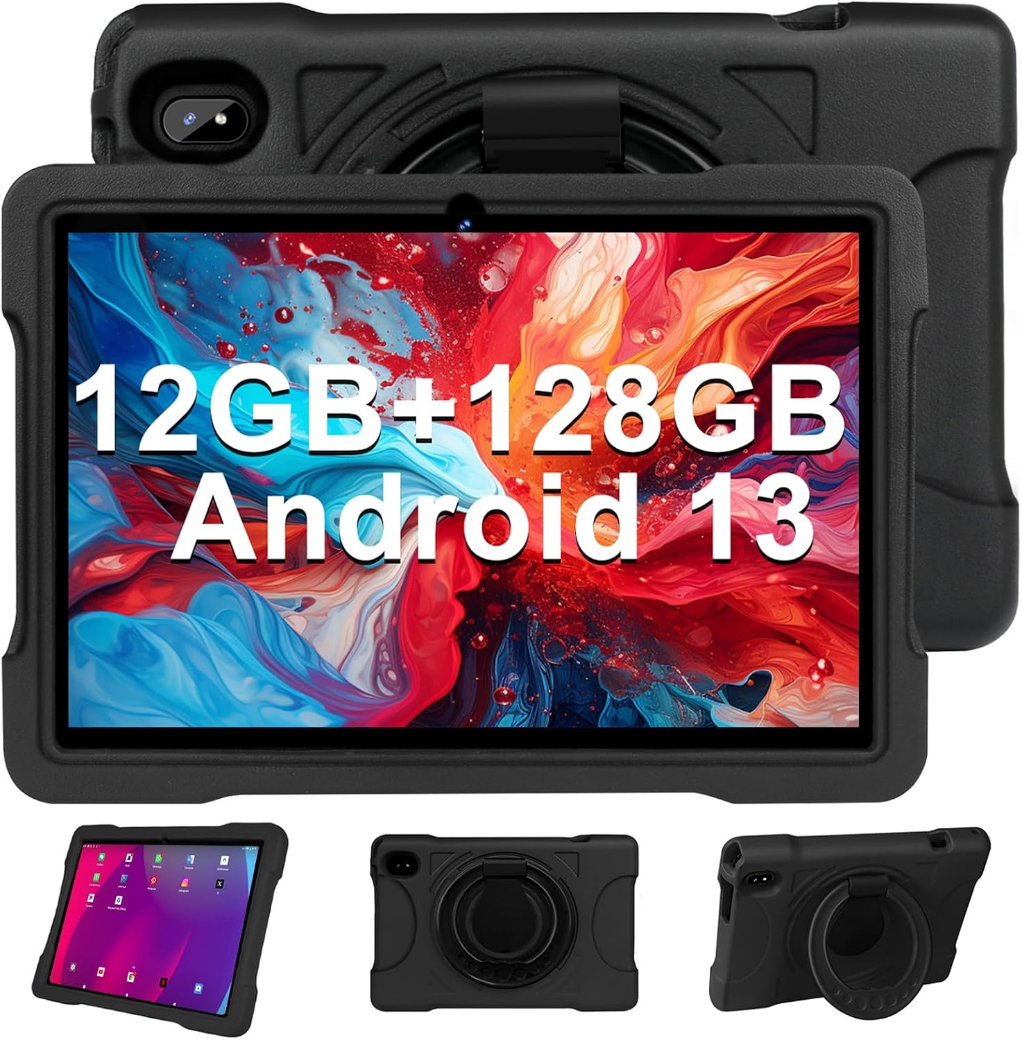 2024 Newest Tablet 10 Inch 12GB RAM+128GB ROM(1TB TF) Tablet Family/Tablet Kids, Andorid 13 GMS, WiFi 5G+2.4G, Cores 2.0Ghz, Bluetooth 5.0, 6000mAh, 8+5MP, Kids Space, Play Store, con EVA Case - Black
