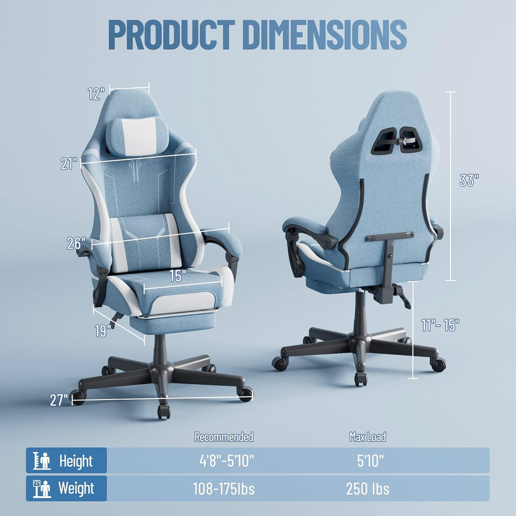 Ferghana Gaming Chair, Cloth Fabric Ergonomic Computer Chair with Massage Lumbar Support, High Back Office Game Chair with Footrest and Linkage Armrest for Adult, Blue/White