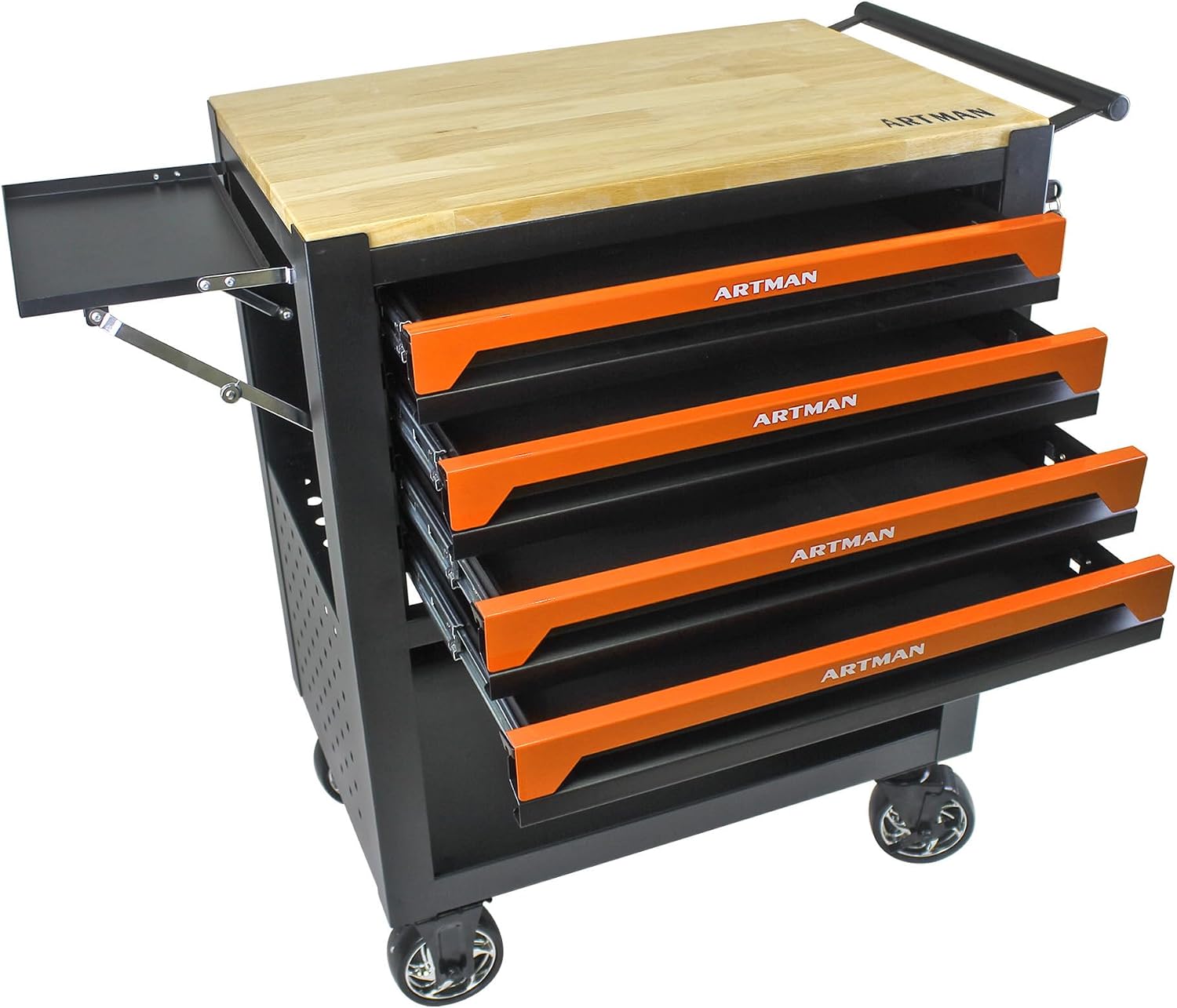 Rolling Tool Cart with 4-Drawer Wood Top Utility Tool Chest on Wheels Mechanic Tool Storage Organizer Cabinet for Garage, Warehouse, Workshop, Repair Shop (Orange)