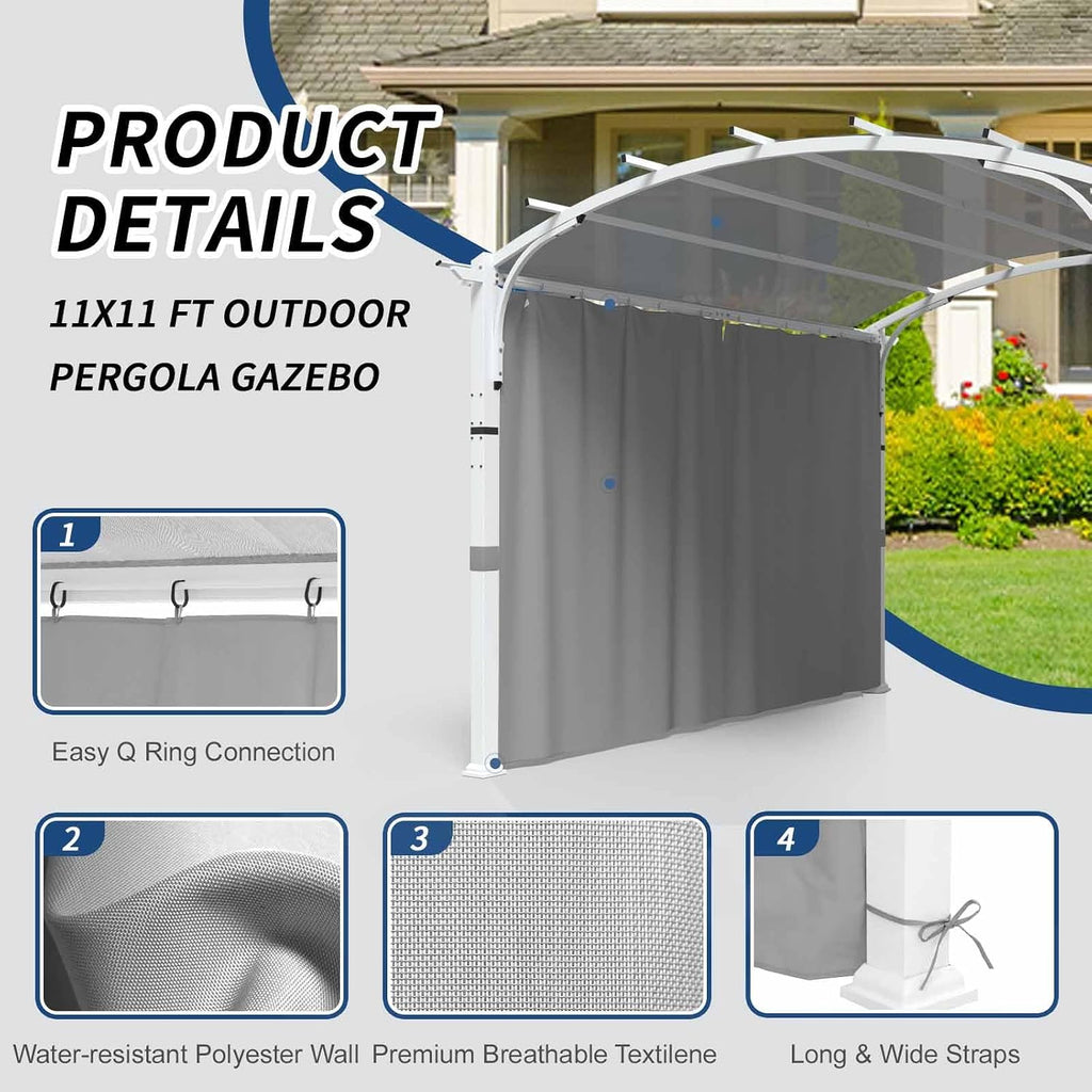 11'x11' Patio Pergola Canopy with Full Closure Sidewalls, Outdoor Metal Gazebo Pergola with Privacy Curtains, Gray