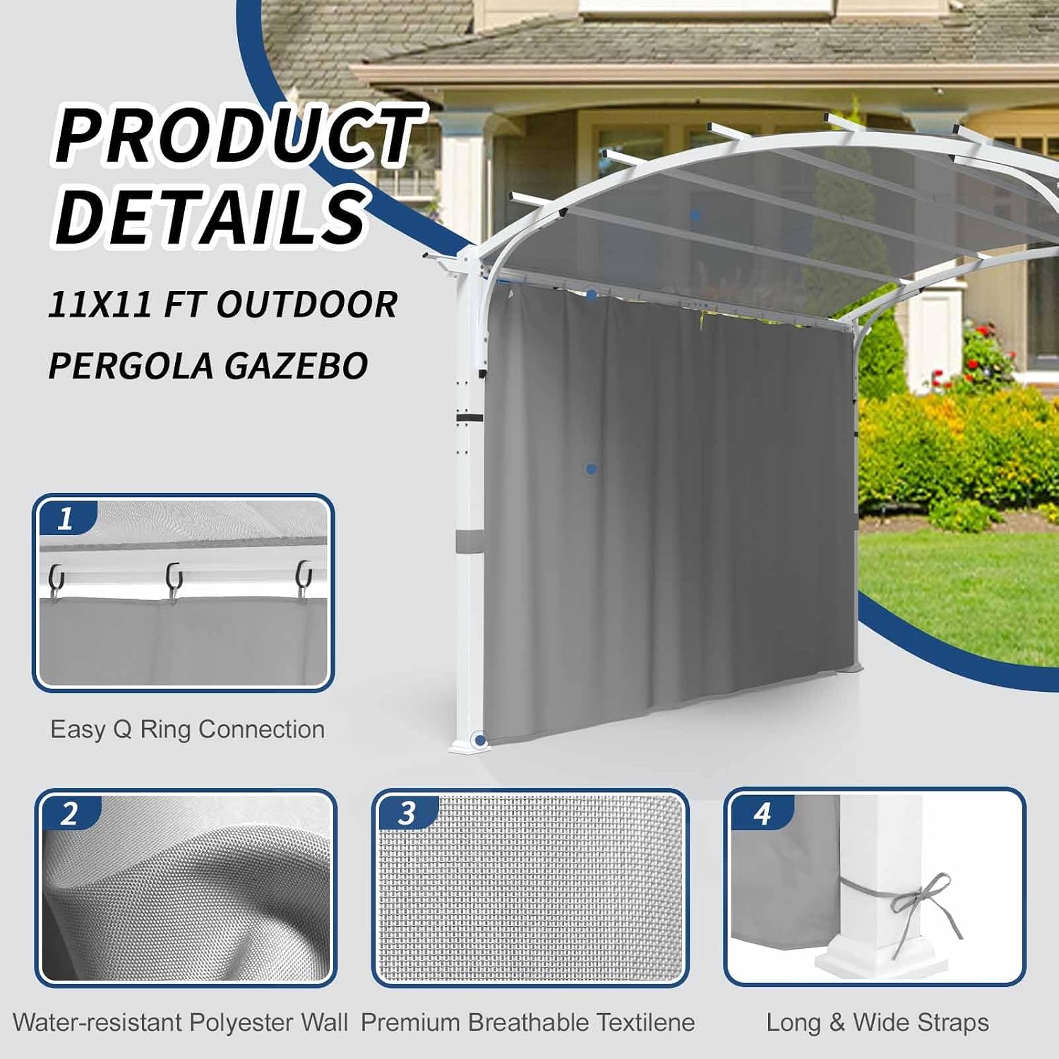 11'x11' Patio Pergola Canopy with Full Closure Sidewalls, Outdoor Metal Gazebo Pergola with Privacy Curtains, Gray