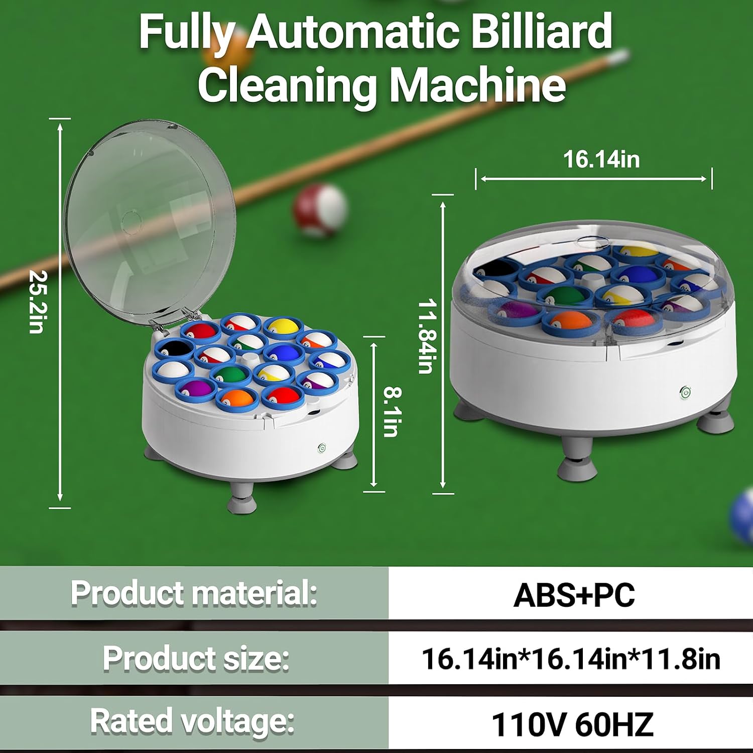 Pool Ball Cleaner Pool Ball Polishing Cleaning Machine Billiard Ball Cleaner Electronic Pool Balls Polishing for 16 Billiard and Snooker Balls 110V 180V