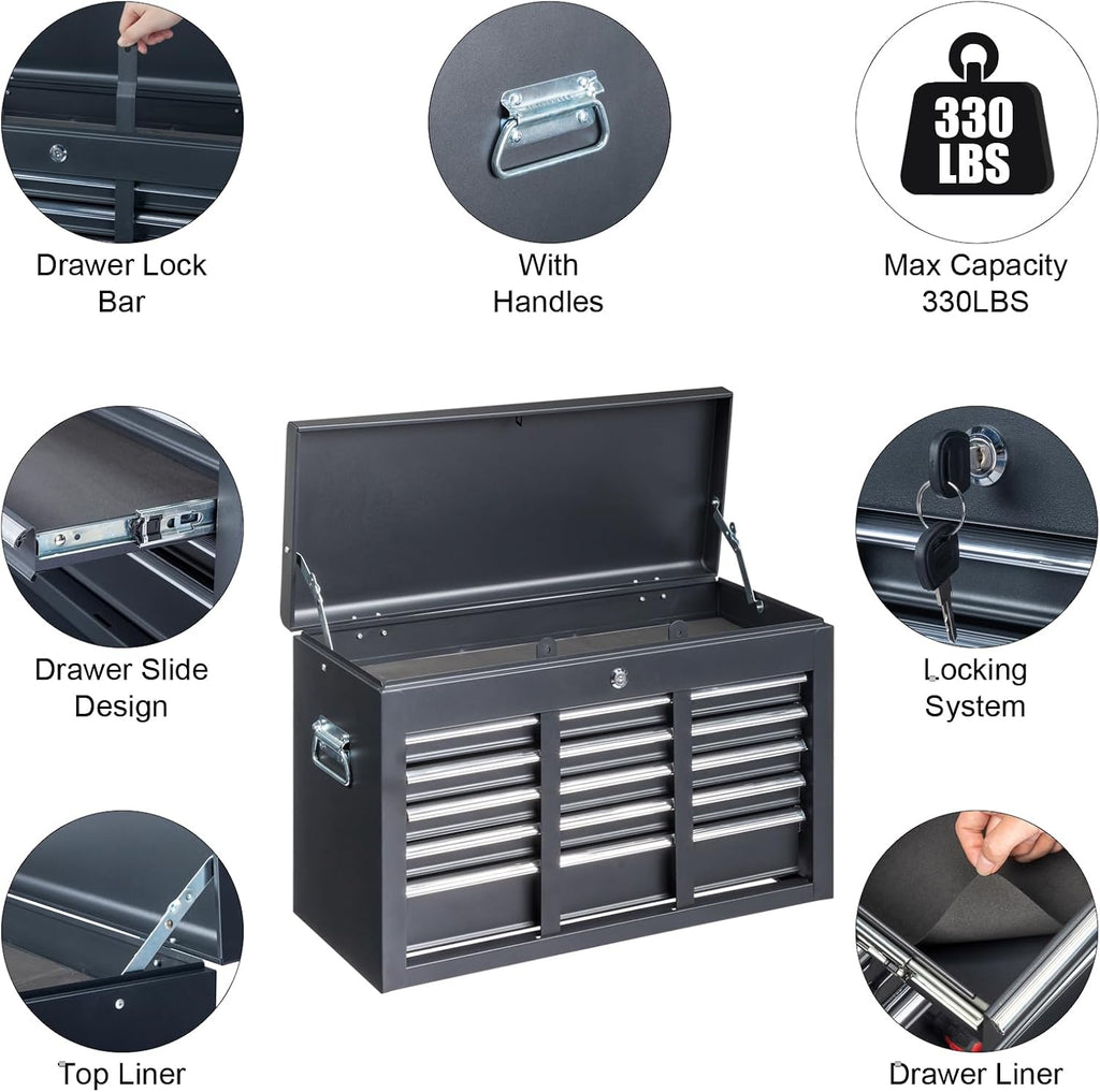 Metal Tool Box, 5-Layer Drawers & Top Storage Tray Tool Box with Lock Safety and Handle, 24' Portable Tool Chest Cabinet for Garage, Warehouse, Home, Black
