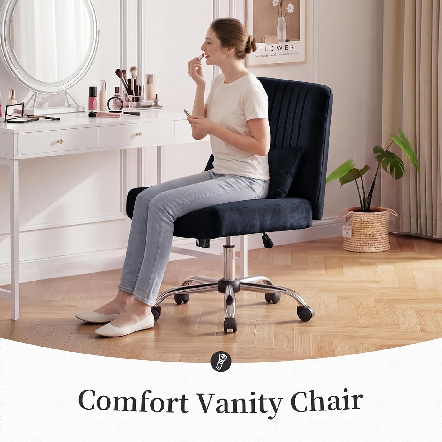 Warmiehomy Criss Cross Chair, Luxury Velvet Cross Legged Chairs, Office Chair for Home Office, Desk Chair with Height Adjustable, Wide Seat Computer Chair, Comfy Vanity Chair Gift, Classic Black