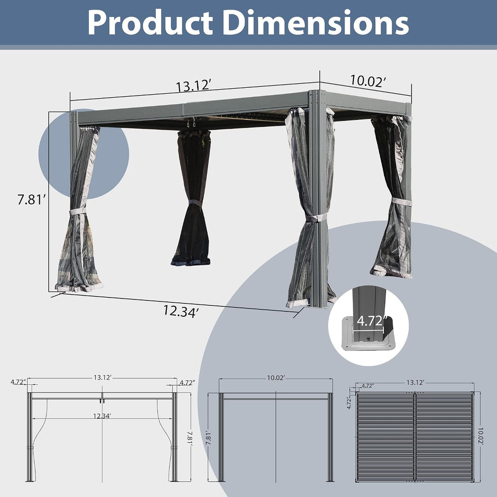 Domi Outdoor Pergola 10' x 13' Aluminum Louvered Pergola with Adjustable Roof and Mosquito Netting for Patio, Backyard, Deck, Garden, Lawns (Gray)