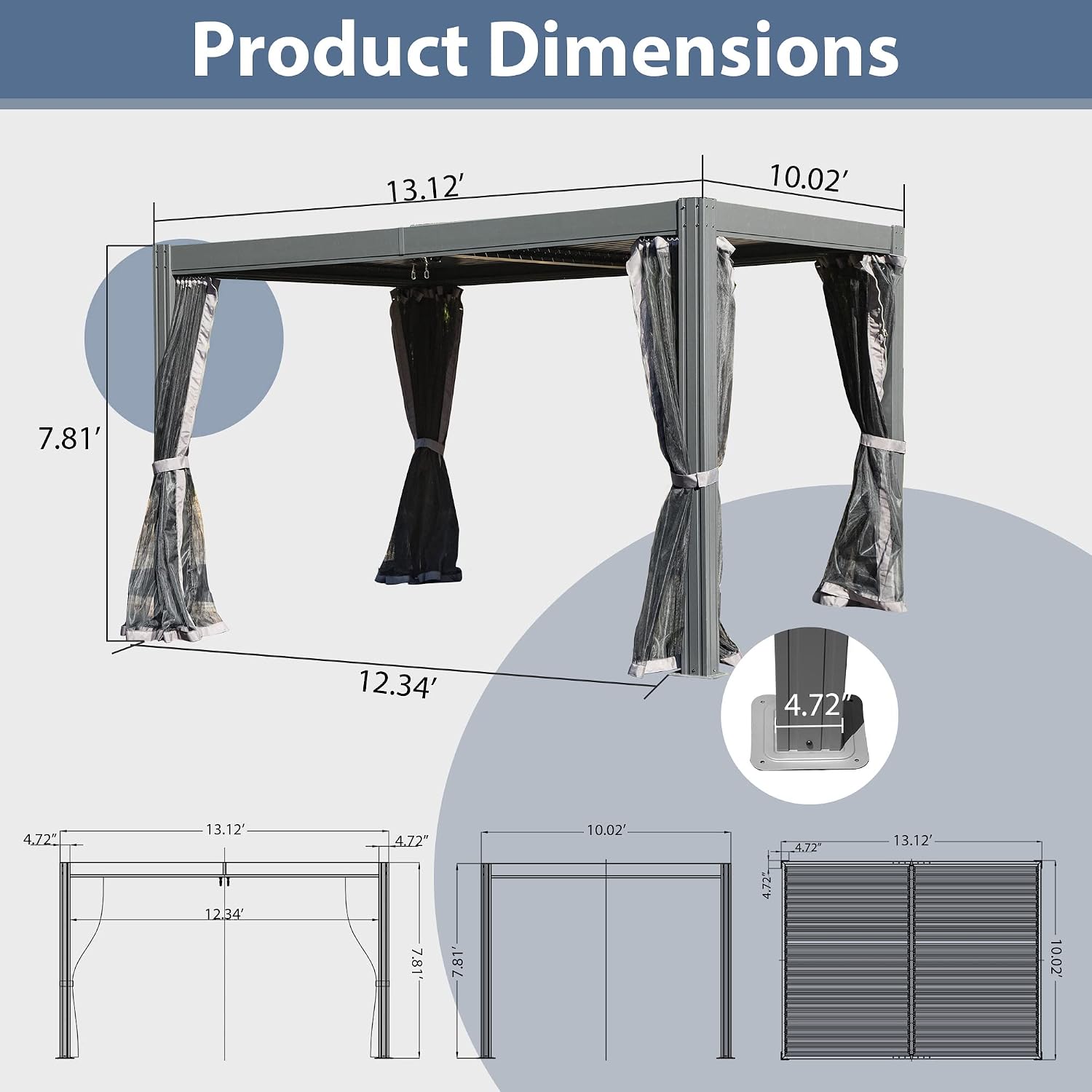 Domi Outdoor Pergola 10' x 13' Aluminum Louvered Pergola with Adjustable Roof and Mosquito Netting for Patio, Backyard, Deck, Garden, Lawns (Gray)