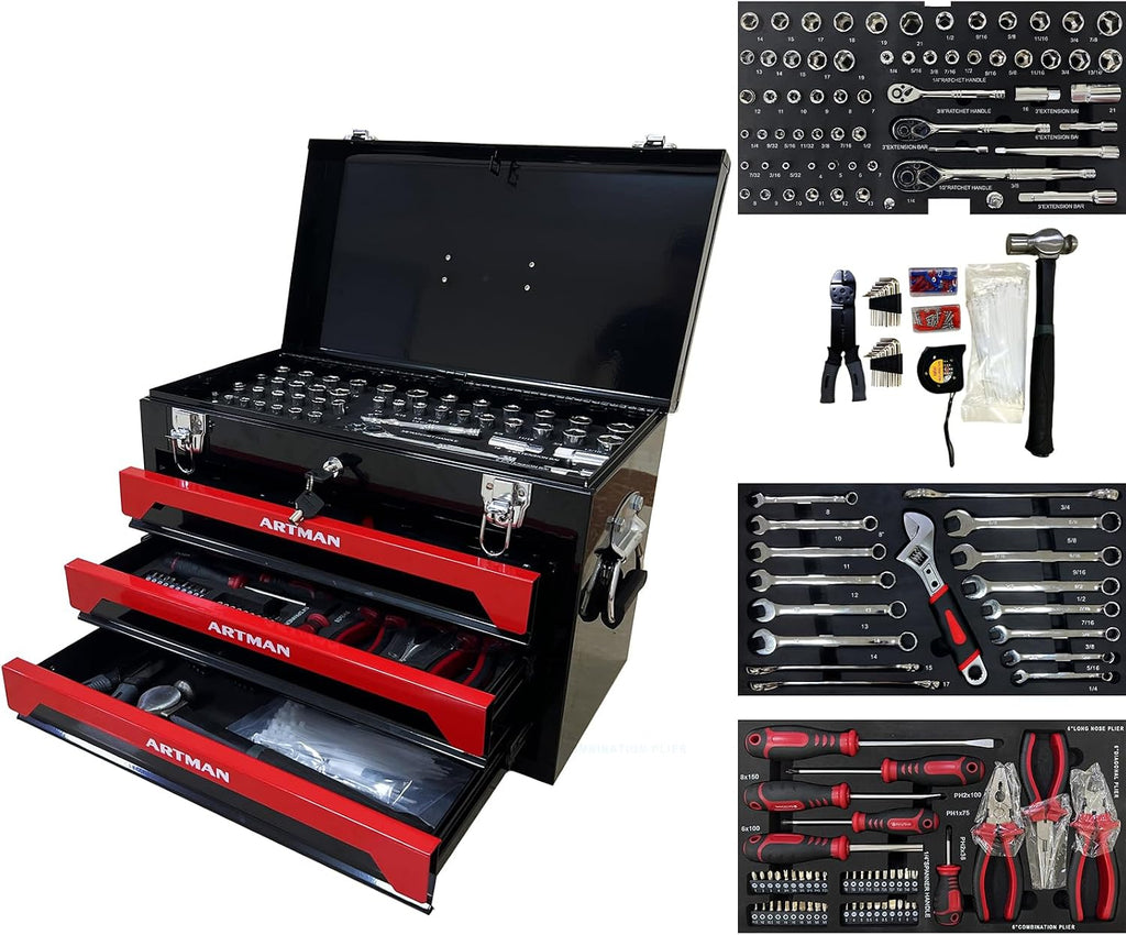 3-Drawer Tool Chest with 439-Piece Mechanics Tool Set | Heavy-Duty Steel Portable Tool Box with Complete Socket & Wrench Kit for Workshop, Garage, and Home Use (Black & Red)