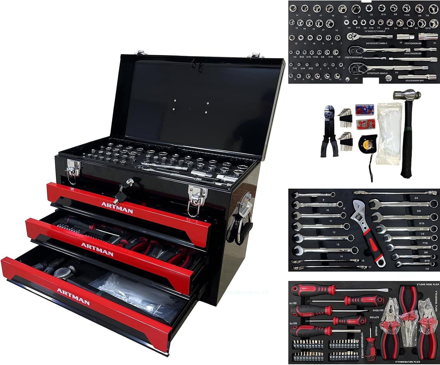 3-Drawer Tool Chest with 439-Piece Mechanics Tool Set | Heavy-Duty Steel Portable Tool Box with Complete Socket & Wrench Kit for Workshop, Garage, and Home Use (Black & Red)