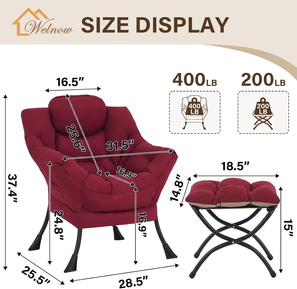 Welnow Lazy Chair with Ottoman, Modern Accent Chair with Armrests and a Side Pocket, Leisure Sofa Armchair, Reading Armchair with Footrest for Small Space, Burgundy