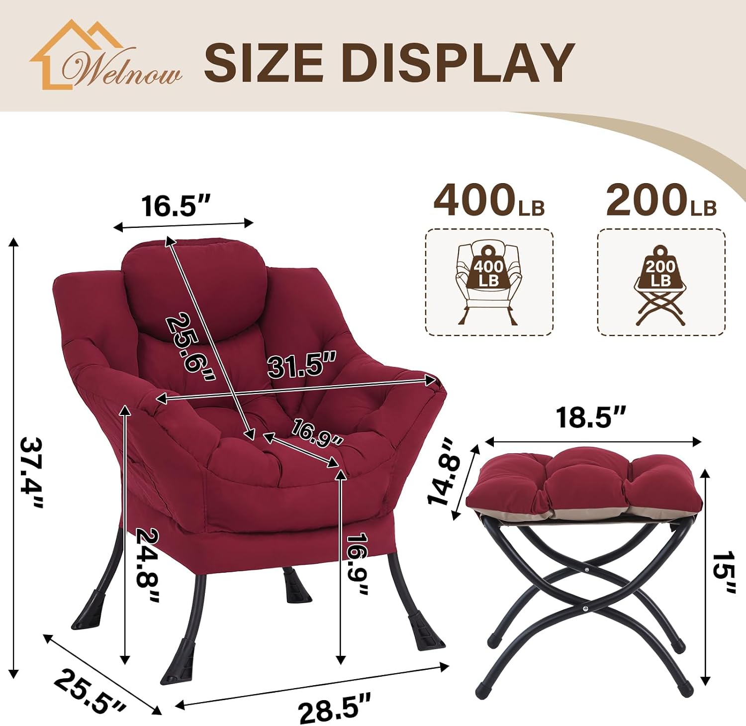 Welnow Lazy Chair with Ottoman, Modern Accent Chair with Armrests and a Side Pocket, Leisure Sofa Armchair, Reading Armchair with Footrest for Small Space, Burgundy