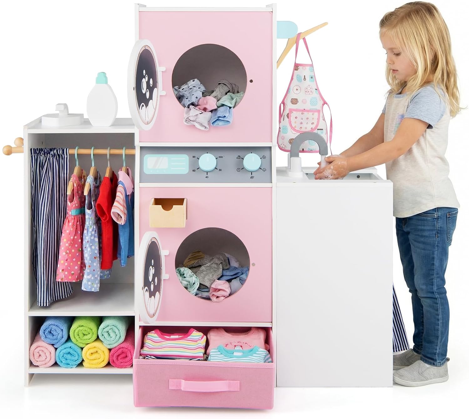 Costzon Kids Washer and Dryer Playset, Toddler Wooden Pretend Laundry Play Set w/Laundry Detergent Bottle, Iron, Hangers & Fabric Drawer, Realistic Laundry Room, Ideal Gift for Boys & Girls 3+