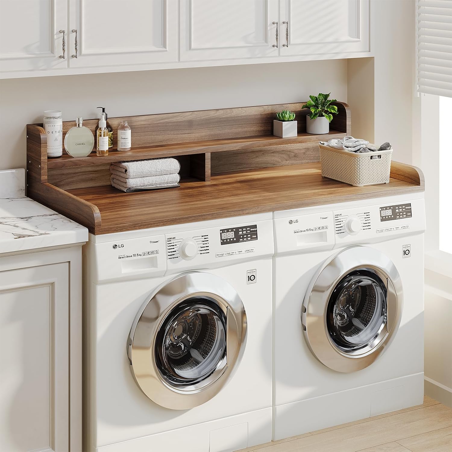2-Tier Washer Dryer Countertop with 2.75' H Edge Rails, 58' W x 28' D Laundry Countertop for Folding Clothes, Washer and Dryer Topper with Non-Slip Pad (Dark Walnut)