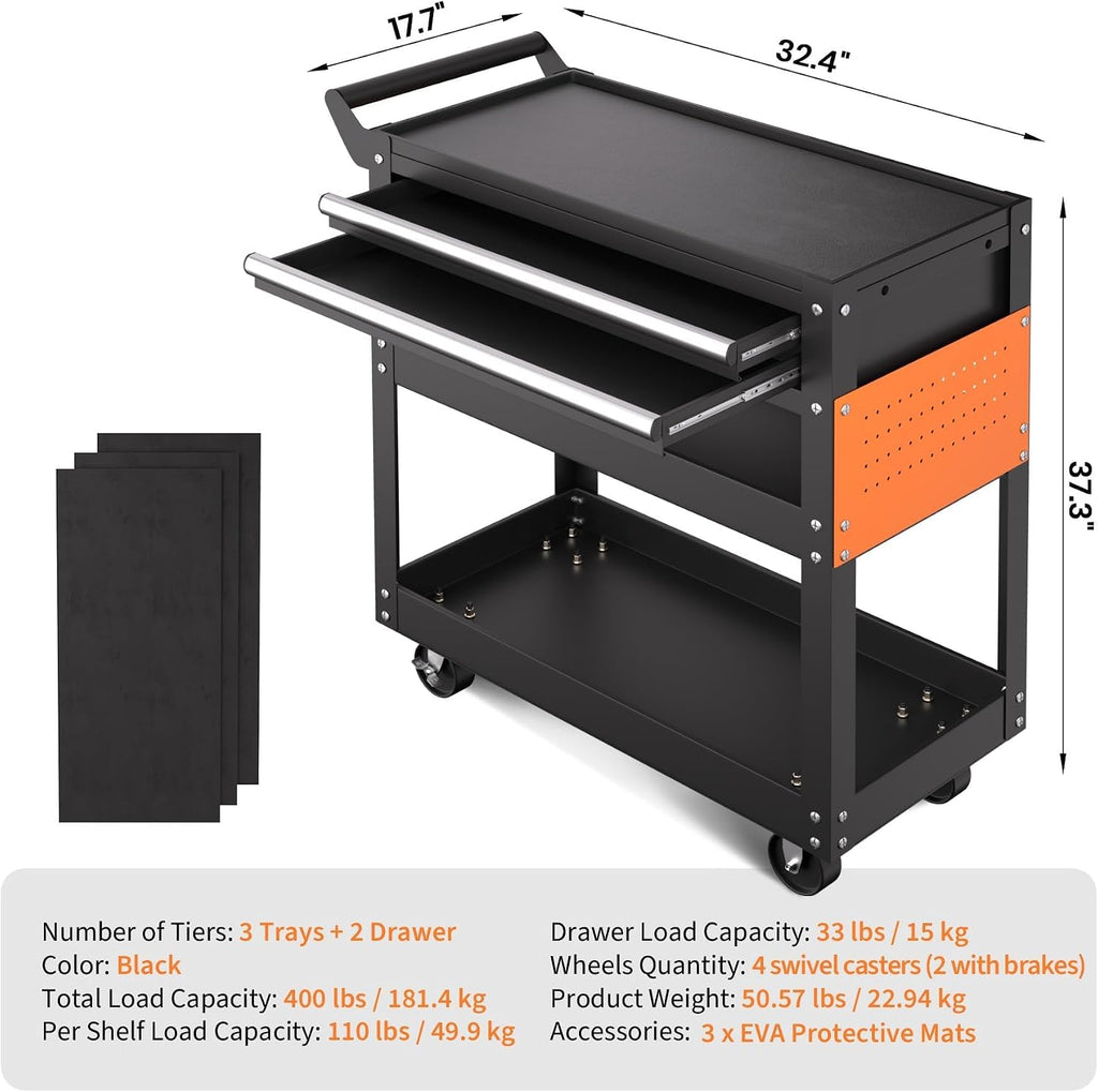 5 Tier Heavy Duty Rolling Tool Cart On Wheels, 400 Lbs Capacity, Metal Utility Carts with Lockable Drawer & Side Pegboards, Mechanic Tool Storage Organizer for Garage Workshop Repair Shop