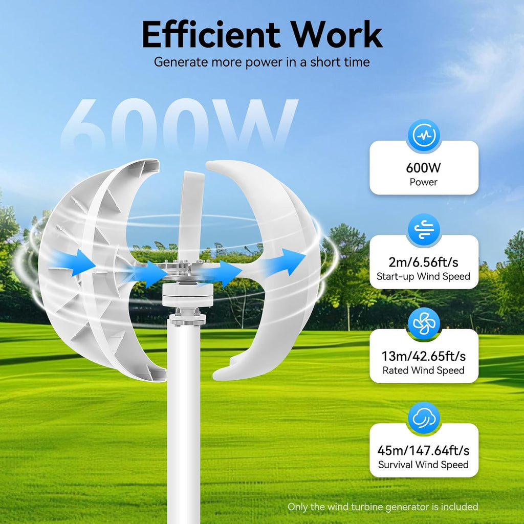 Wind Turbine Generator, 600W DC 24V 5 Blades Lantern Motor Vertical Axis Windmill Lantern Wind Turbine Turbines Generator Kit with Flange Plate&Controller for Home Monitoring Boat/Ship
