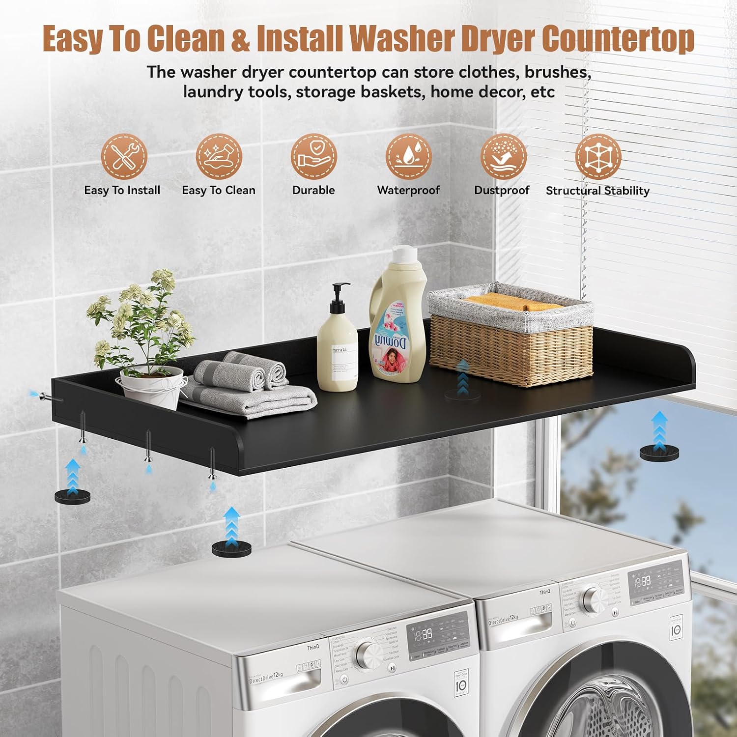Washer Dryer Countertop, 27.5' D x 54' W Washer and Dryer Topper Covers with Edge Rails, Wood Laundry Room Countertop Shelves for Laundry Room Organization and Storage (Black)