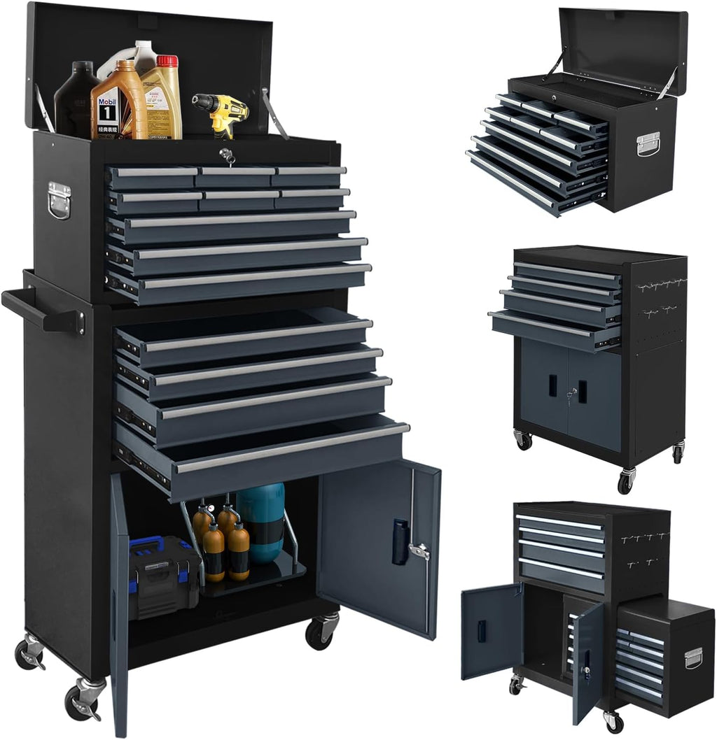13-Drawer Rolling Tool Chest with Double Doors, 2 in 1 Detachable Rolling Tool Chest with Drawers, Mobile Tool Cabinet Combo, Metal Large Lockable Tool Box for Garage Workshop (Black-Gray)