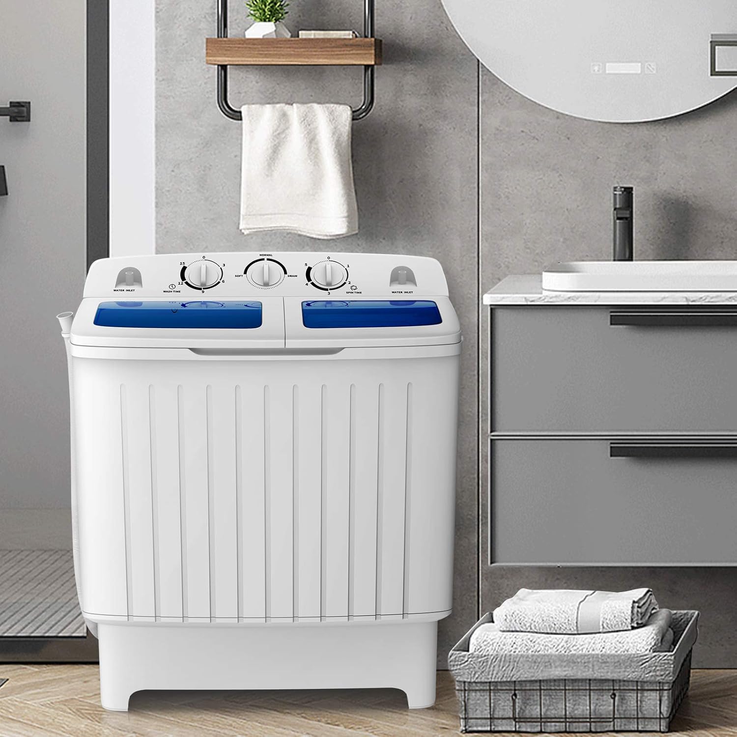 COSTWAY Portable Washing Machine, Twin Tub 20 Lbs Capacity, Compact Laundry Washer(12 Lbs) and Spinner(8 Lbs), Durable Design, Timer Control, Perfect for RV, Apartments and Dorms, Blue+White