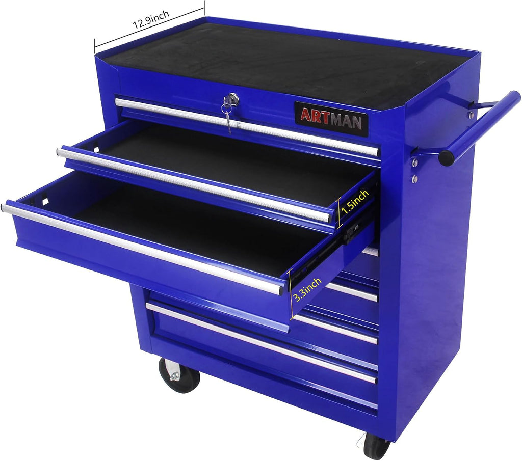 7 Drawer Tool Cart: Multifunctional US General Tool Box on Wheels and Rolling Toolbox (Blue)