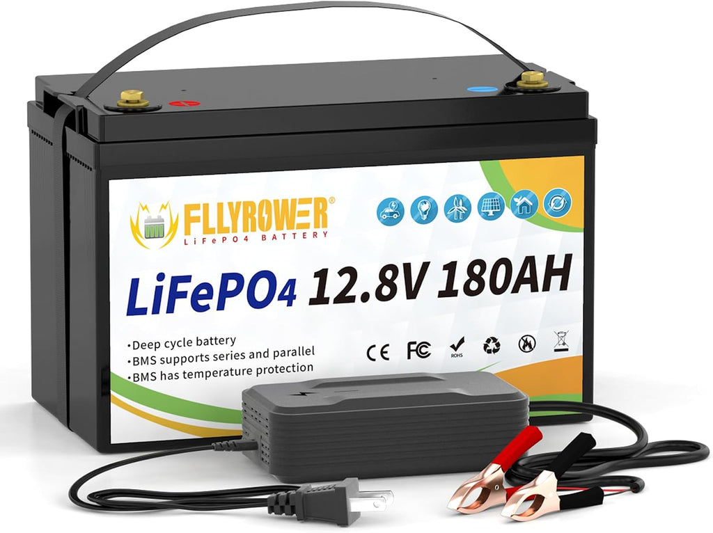 FLLYROWER 12V Lithium Battery 180AH With BMS and 16500 Deep Cycles 12V 180AH Lifepo4 Battery Grade A Cells for Marine Trolling Motor RV camping Solar Golf Cart Off-Grid