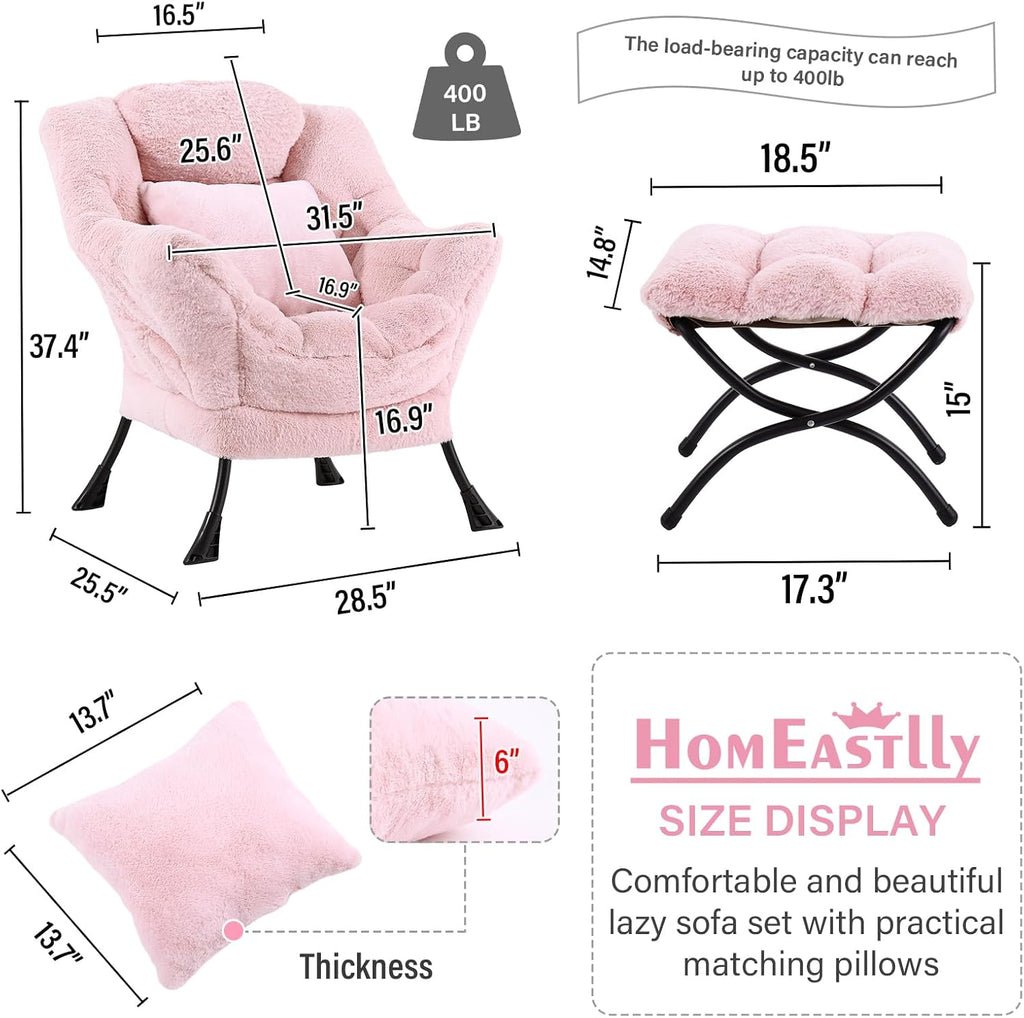 Lazy Chair with Ottoman, Large Pink Accent Chair with Ottoman and FA Throw Pillow, Comfy Plush Reading Chair for Living Room Bedroom Dorm Room Office Apartment Relaxing Use
