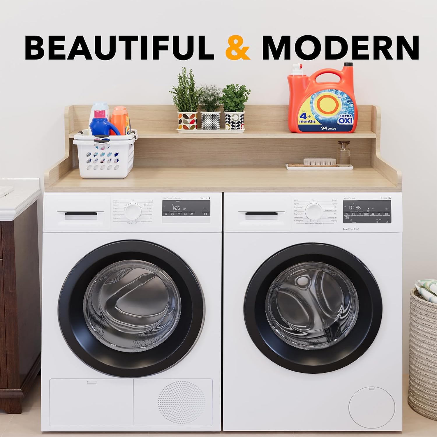 SpaceAid Washer Dryer Countertop with 2-Tier Shelf, Wood Topper with Edge, 54' Width x 27.5' Depth Cover Organizer Guard for Washer and Dryer Counter Laundry Hamper Storage (Oak)