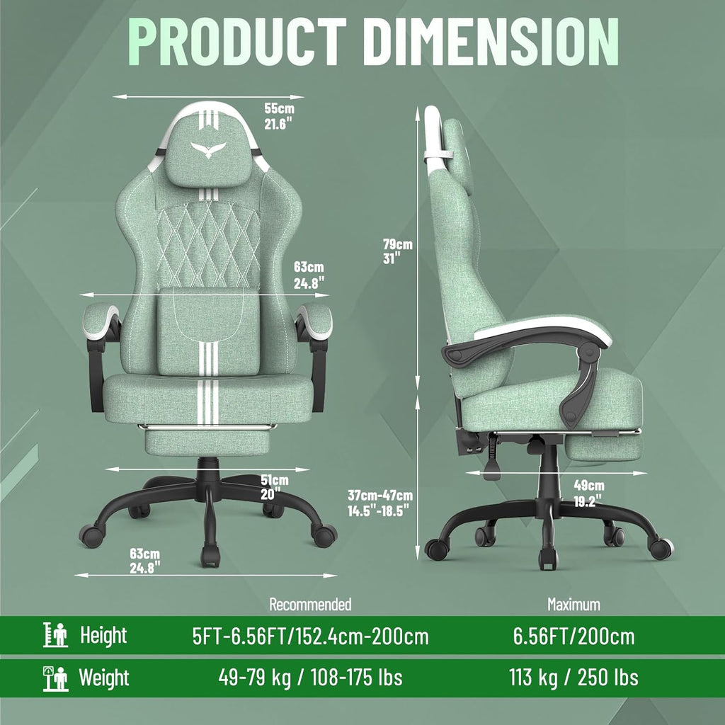 Soontrans Linen Fabric Ergonomic Gaming Chair with Pocket Spring Cushion, Wide Seat 20',Adjustable Headrest, Lumbar Pillow, Footrest & Reclining Backrest, Comfortable Office Chair for Home & Gaming