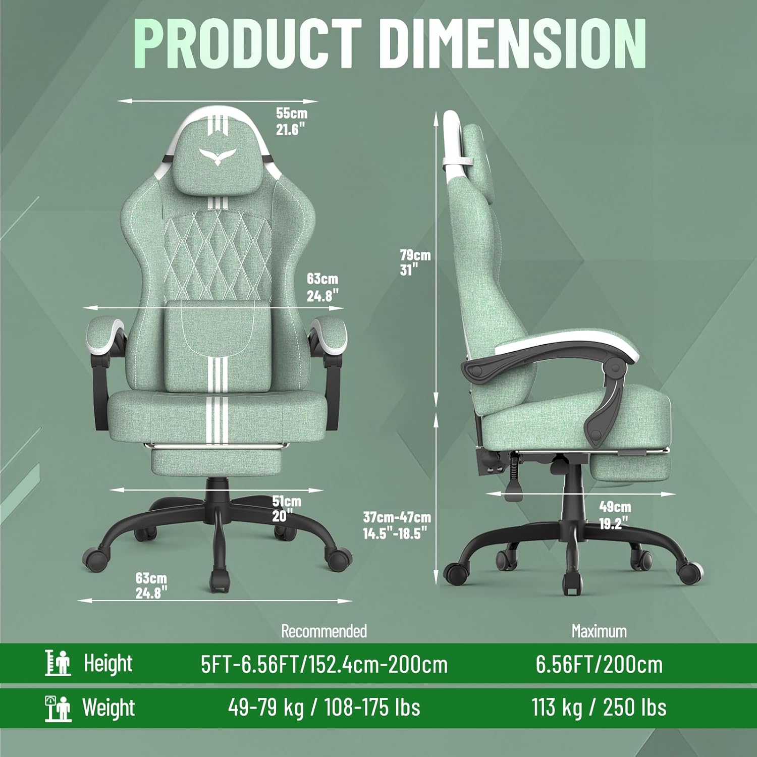 Soontrans Linen Fabric Ergonomic Gaming Chair with Pocket Spring Cushion, Wide Seat 20',Adjustable Headrest, Lumbar Pillow, Footrest & Reclining Backrest, Comfortable Office Chair for Home & Gaming