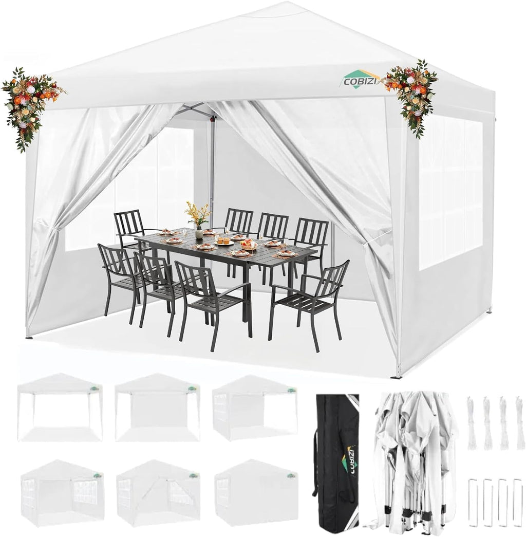 COBIZI 10x10 Pop Up Canopy Tent with 4 Sidewalls Party Tents Waterproof UPF 50+ Commercial Instant Outdoor Events Tent for Parties Markets Backyard, Ropes（10 x 10 ft White
