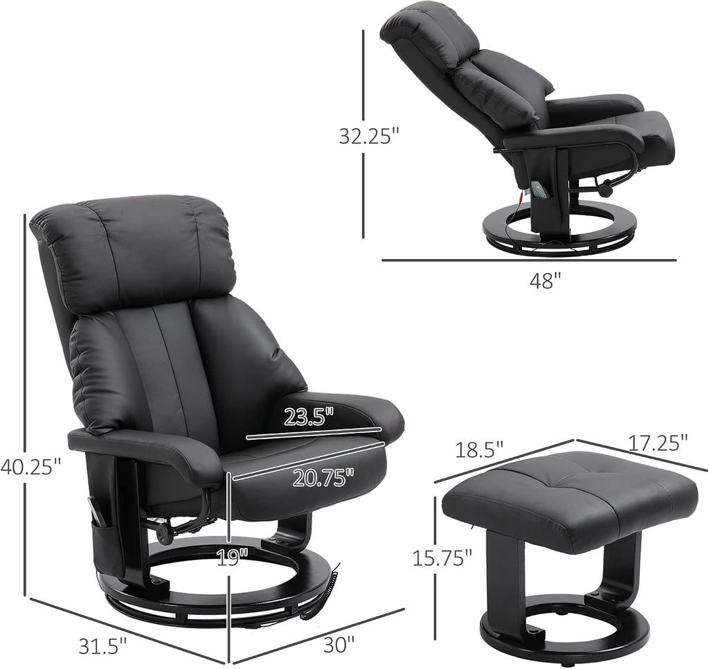 HOMCOM Massage Recliner Chair with Ottoman, 360° Swivel Recliner and Footstool, 10 Point Vibration, PU Leather Reclining Chair with Side Pocket and Remote Control, Black