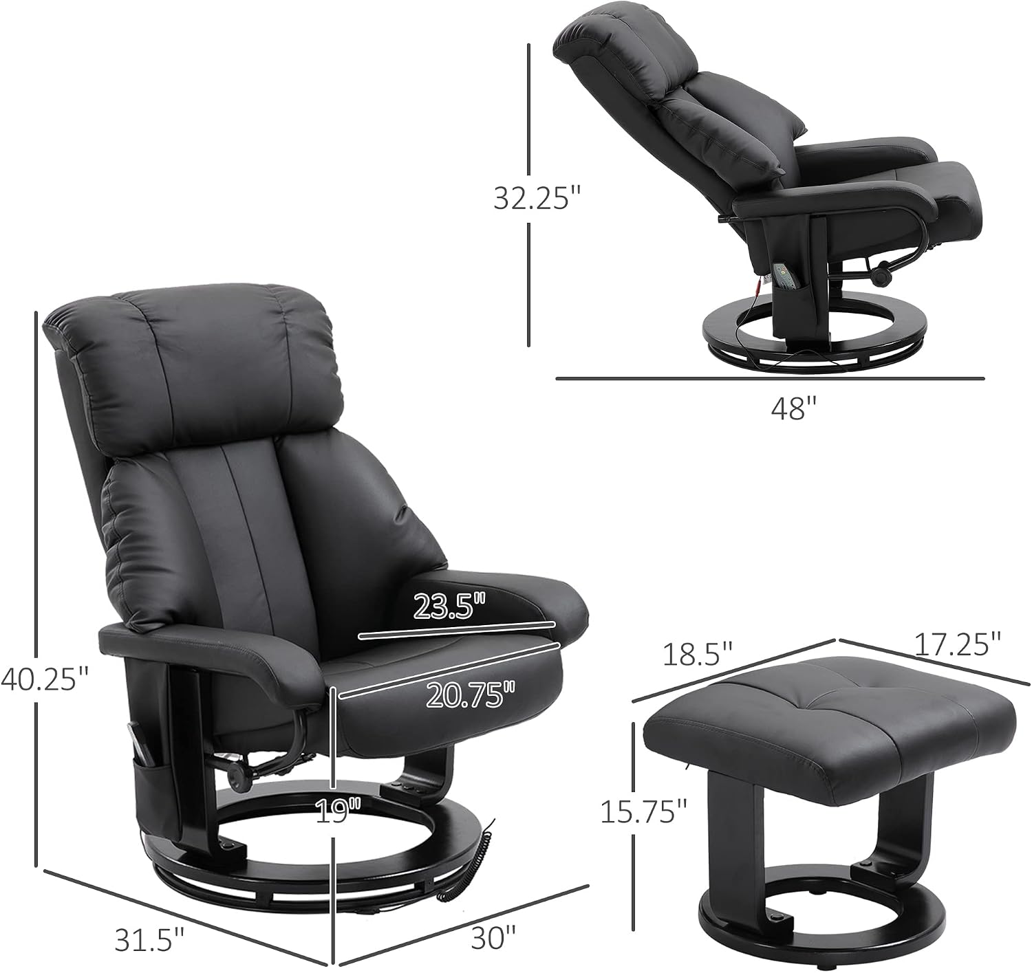 HOMCOM Massage Recliner Chair with Ottoman, 360° Swivel Recliner and Footstool, 10 Point Vibration, PU Leather Reclining Chair with Side Pocket and Remote Control, Black