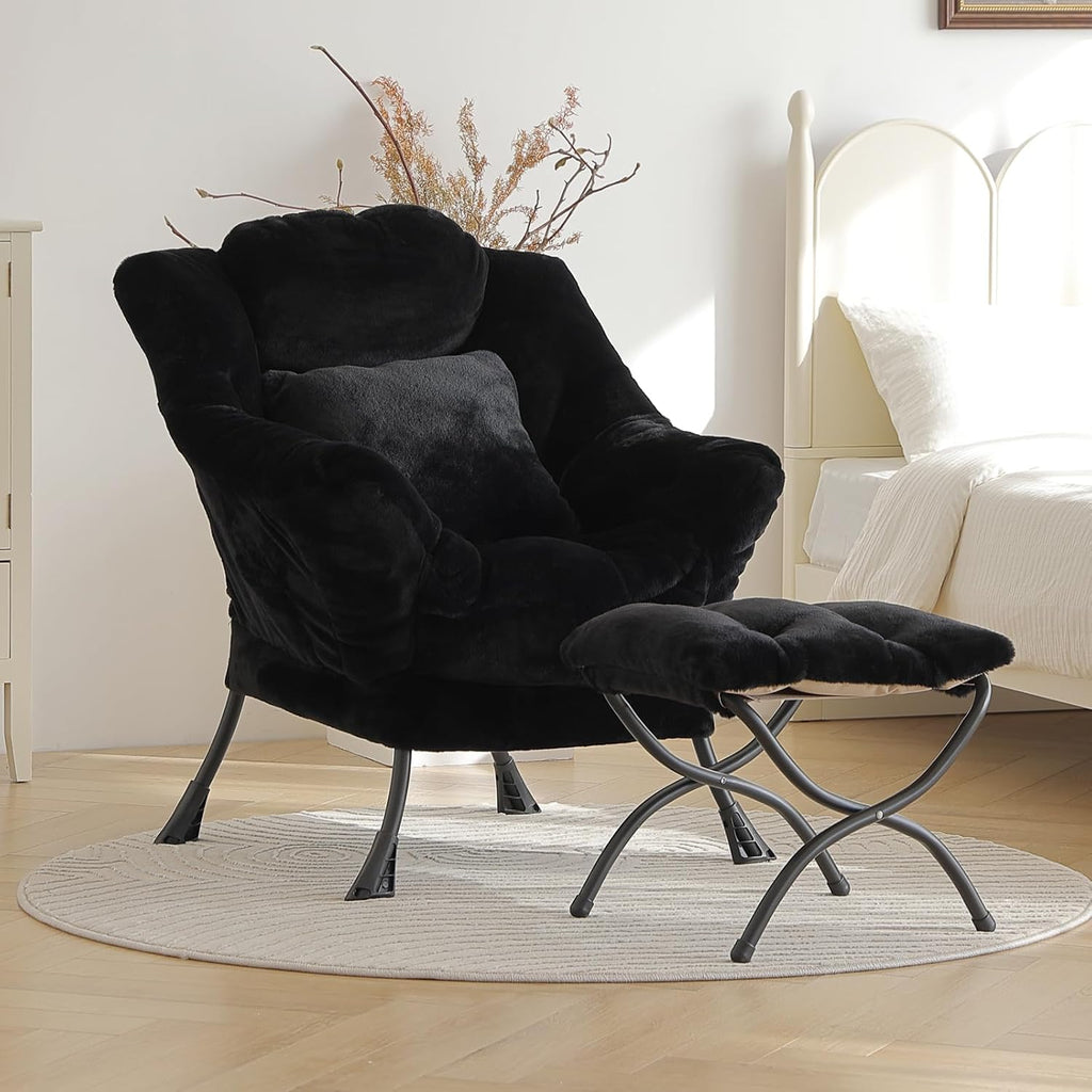 Lazy Chair with Ottoman, Large Black Accent Chair with Ottoman and FA Throw Pillow, Comfy Plush Reading Chair for Living Room Bedroom Dorm Room Office Apartment Relaxing Use