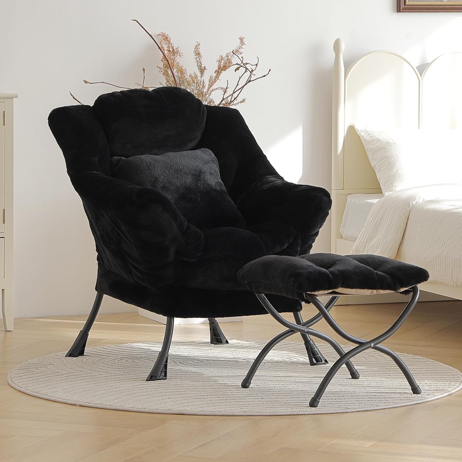 Lazy Chair with Ottoman, Large Black Accent Chair with Ottoman and FA Throw Pillow, Comfy Plush Reading Chair for Living Room Bedroom Dorm Room Office Apartment Relaxing Use
