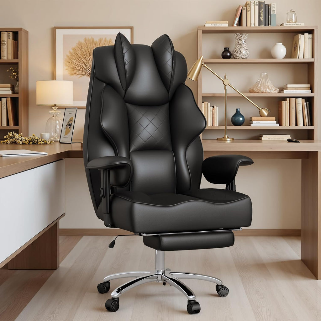 Homall Big and Tall Massage Office Chair,Reclining High Back Ergonomic Home Office Desk Chair with Adjustable Padded Armrest and Foot Rest (Leather, Black)
