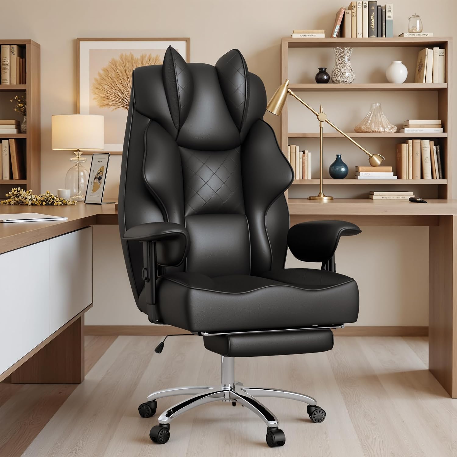 Homall Big and Tall Massage Office Chair,Reclining High Back Ergonomic Home Office Desk Chair with Adjustable Padded Armrest and Foot Rest (Leather, Black)