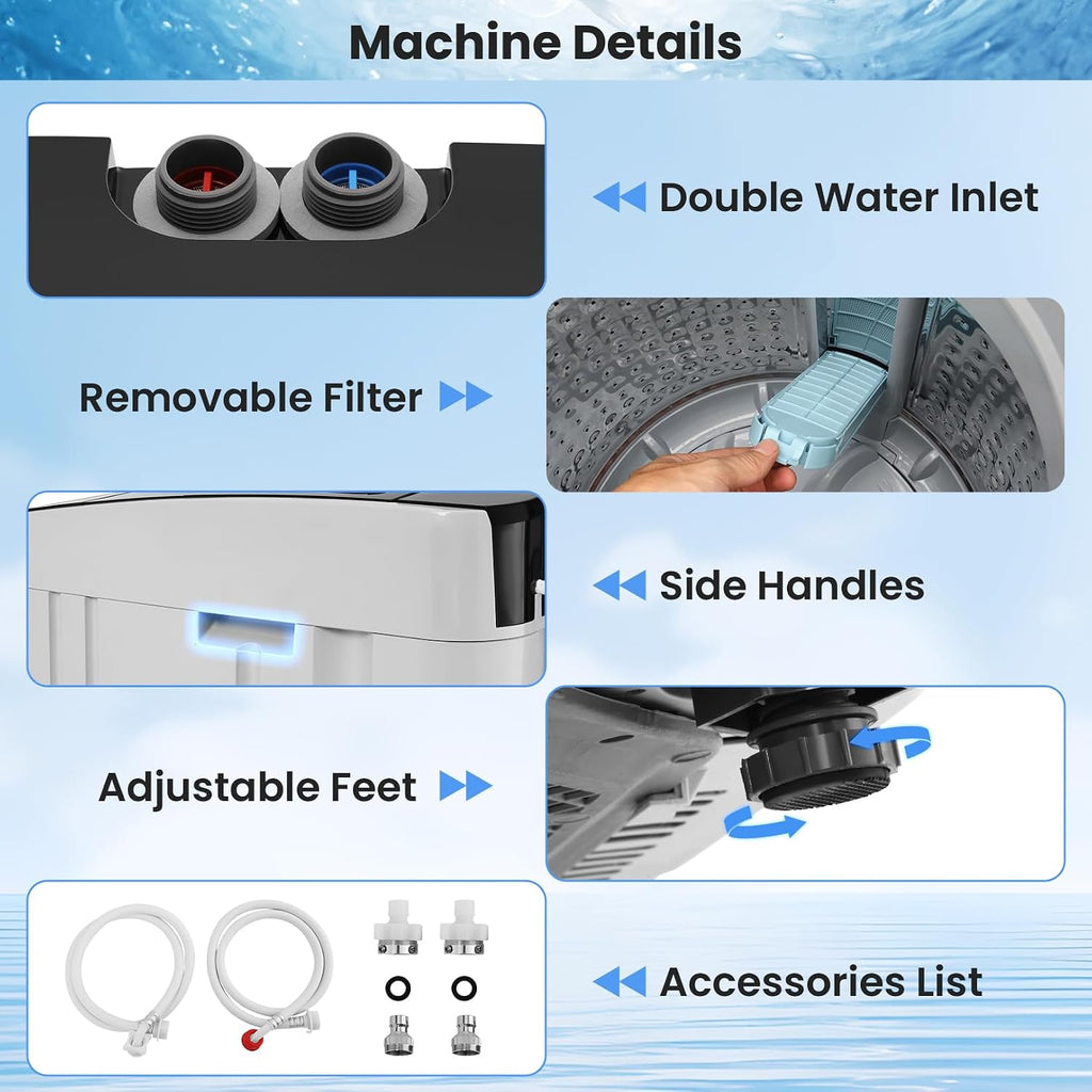 Nictemaw 20 lbs Portable Washing Machine, 2.8 Cu.ft Full Automatic Top Load Washer with 4 Programs, 4 Water Levels, 3 Temps, Drain Pump & LED Display, Compact Laundry Washer for Apartment, Dorm, RV