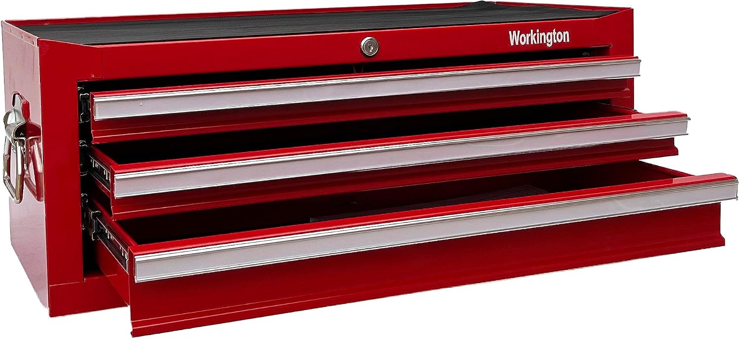 Workington Industrial 3 Drawers Portable Metal Intermediate Box, 26' Middle Tool Chest Cabinet with Ball Bearing Drawer Slides, Steel Tool Storage Box Organizer 4009 Red