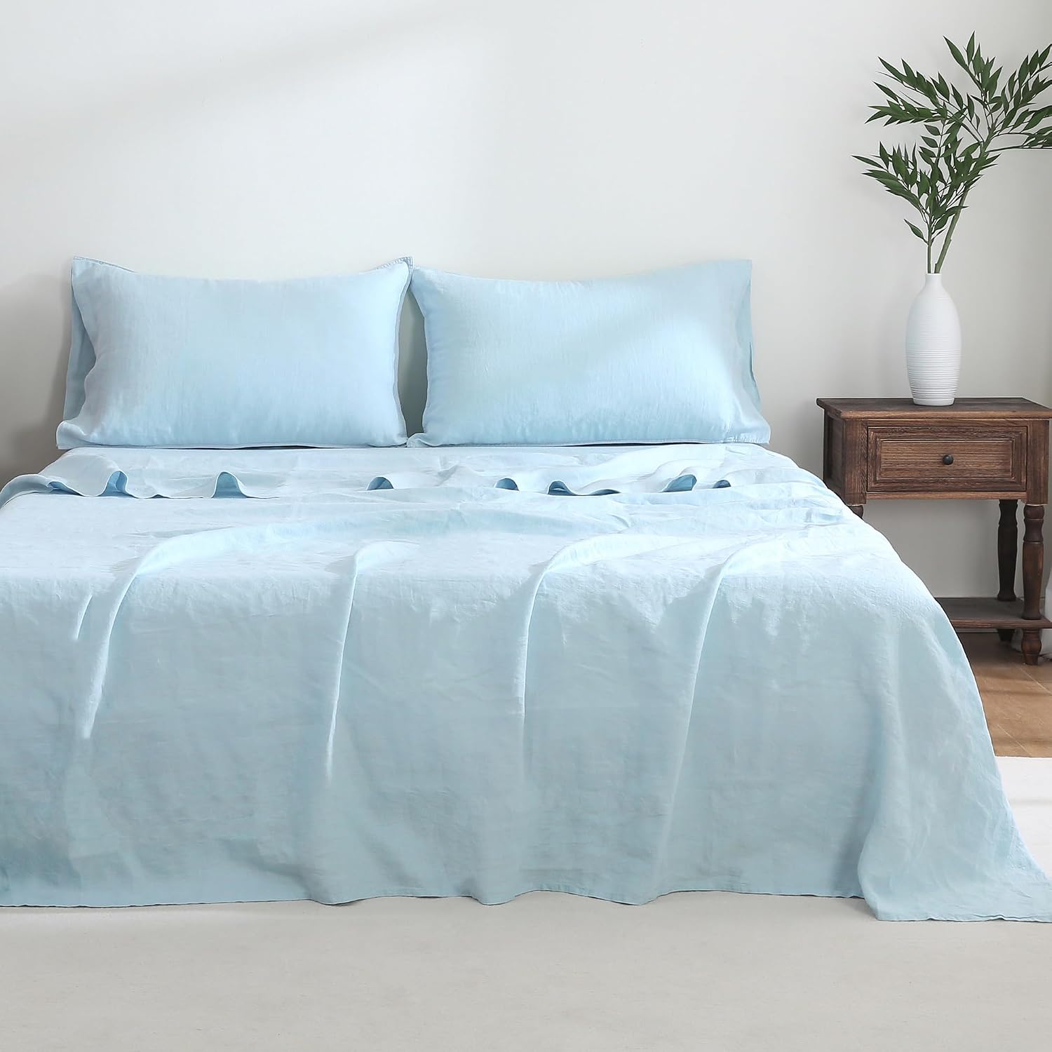 Luxurious 100% Pure French Linen Flat Sheet - Stone Washed, Soft, Breathable, Moisture-Wicking & Eco-Friendly (Blue, 1 Flat Sheet Only - K/CK)