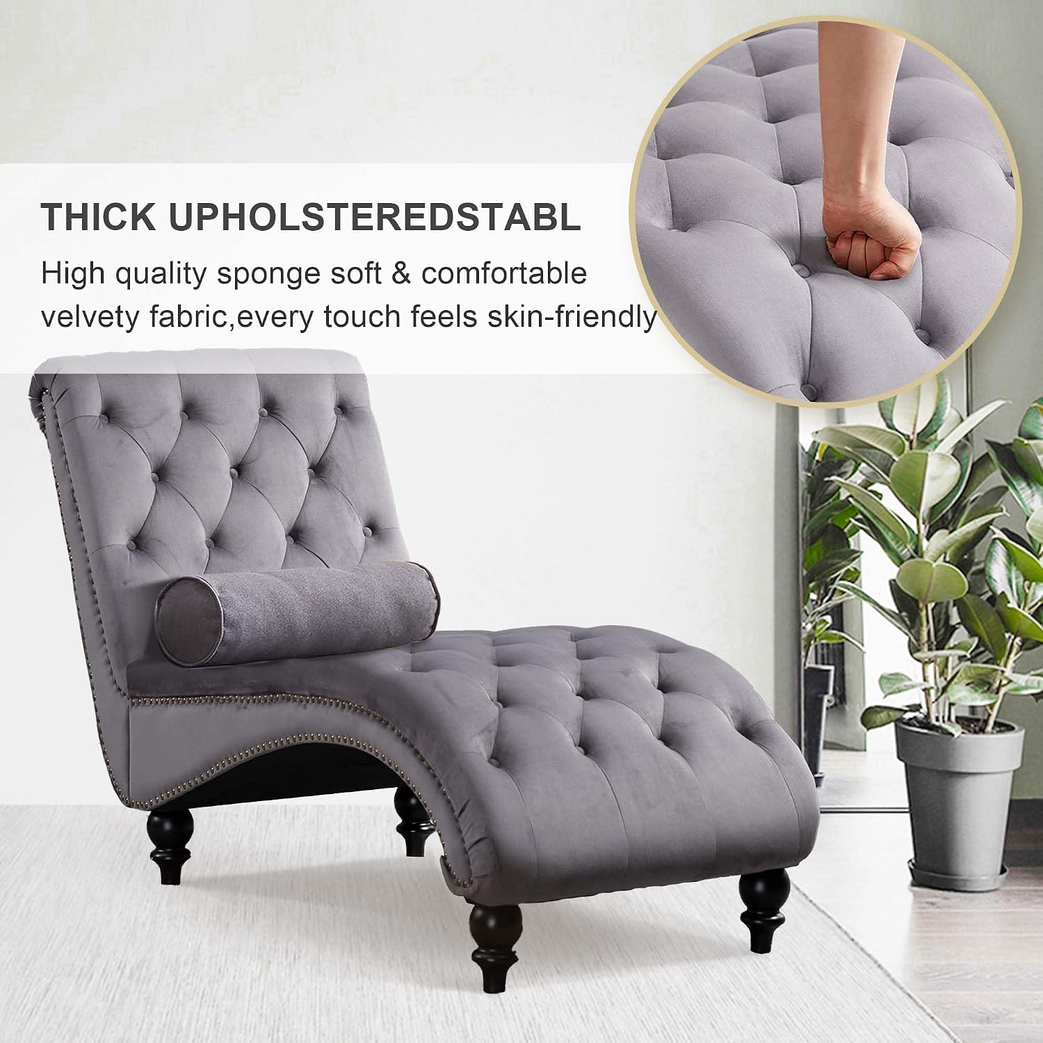 Velvet Chaise Lounge Indoor,Button-Tufted Upholstered Chaise Lounge Chair with Pillow for Bedroom Living Room Office Modern Backrest Leisure Recliner Sleep Sofa,Grey New