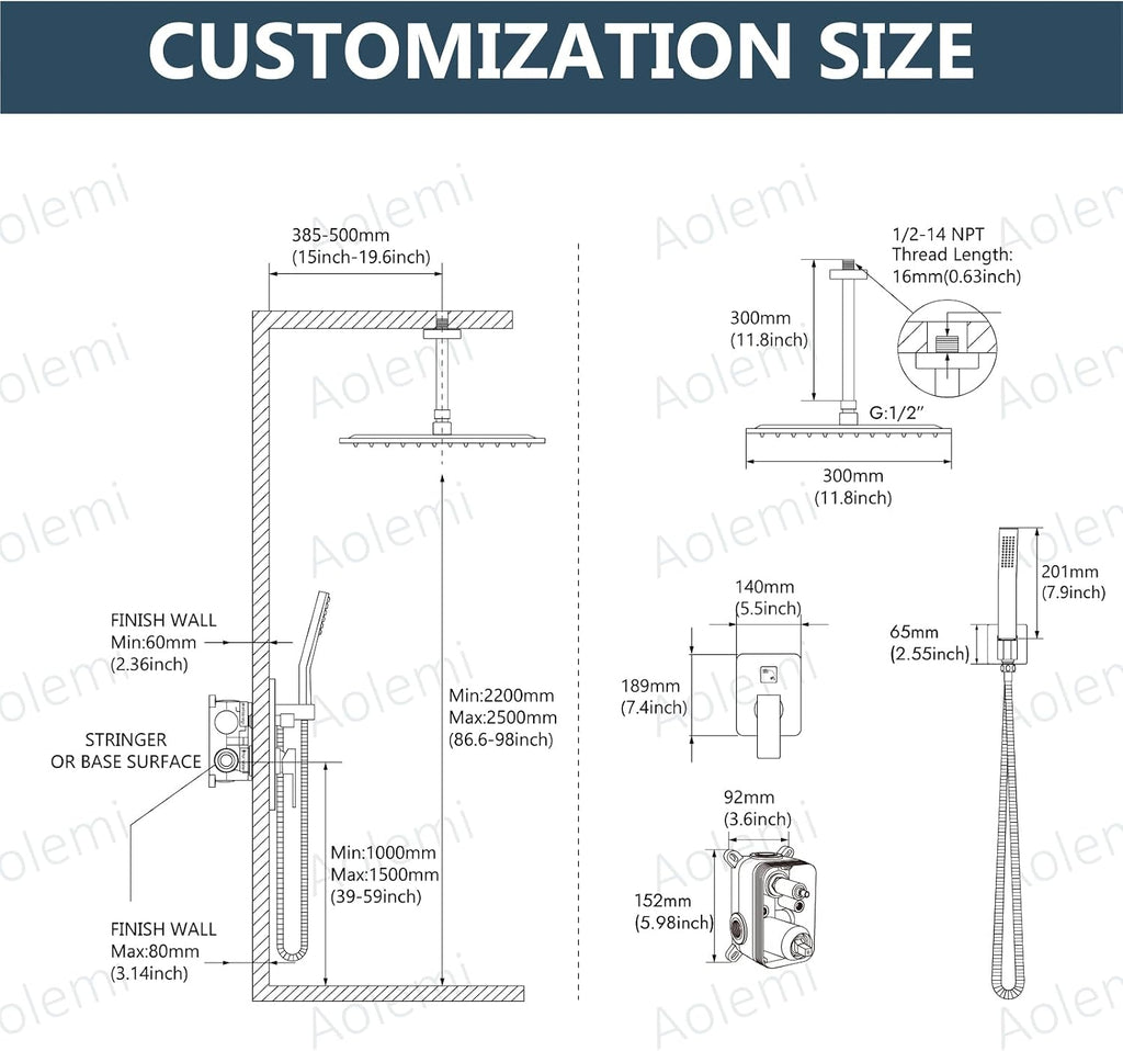 Aolemi Ceiling Mount Shower System Rain Shower Head with Handheld Spray High Pressure Shower Faucet Set Rough-in Valve Shower Trim Kit Included Bathroom Matte Black 12 Inch Ceiling Shower Head