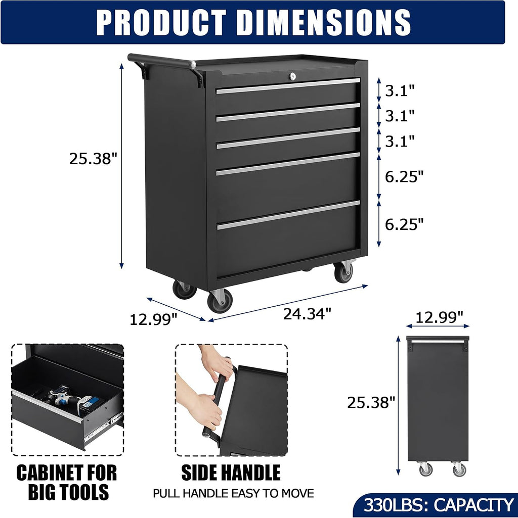 5-Drawer Rolling Tool Chest, Rolling Tool Box with Wheels and Lock System, Portable Mobile Tool Storage Cabinet for Garage, Workshop, Mechanics and Repair Room