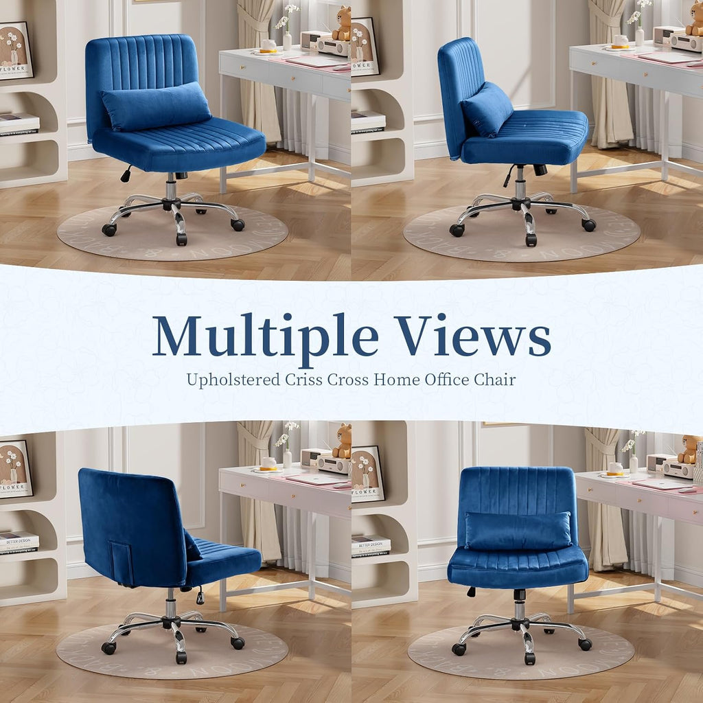 Warmiehomy Velvet Criss Cross Chair with Wheels, Cross Legged Office Chair, Comfy Desk Chair for Home Office, Ergonomic Computer Chair, Wide Seat Vanity Chair, for Adults, Royal Blue