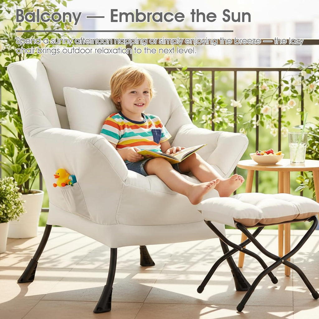 Lazy Chair with Ottoman, Large Accent Chair with Ottoman and a Throw Pillow, Beige Reading Chair for Living Room Bedroom Dorm Room Office Apartment Relaxing Use