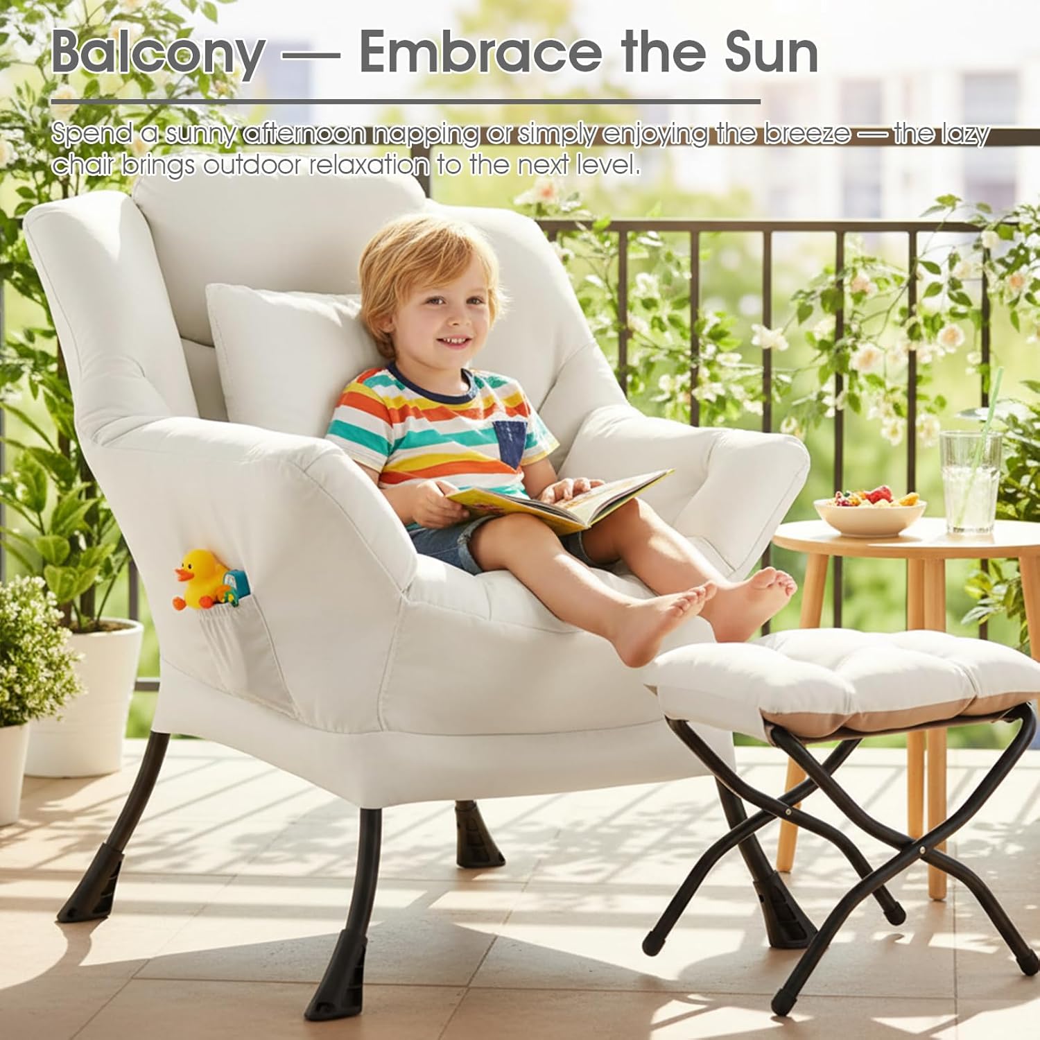 Lazy Chair with Ottoman, Large Accent Chair with Ottoman and a Throw Pillow, Beige Reading Chair for Living Room Bedroom Dorm Room Office Apartment Relaxing Use
