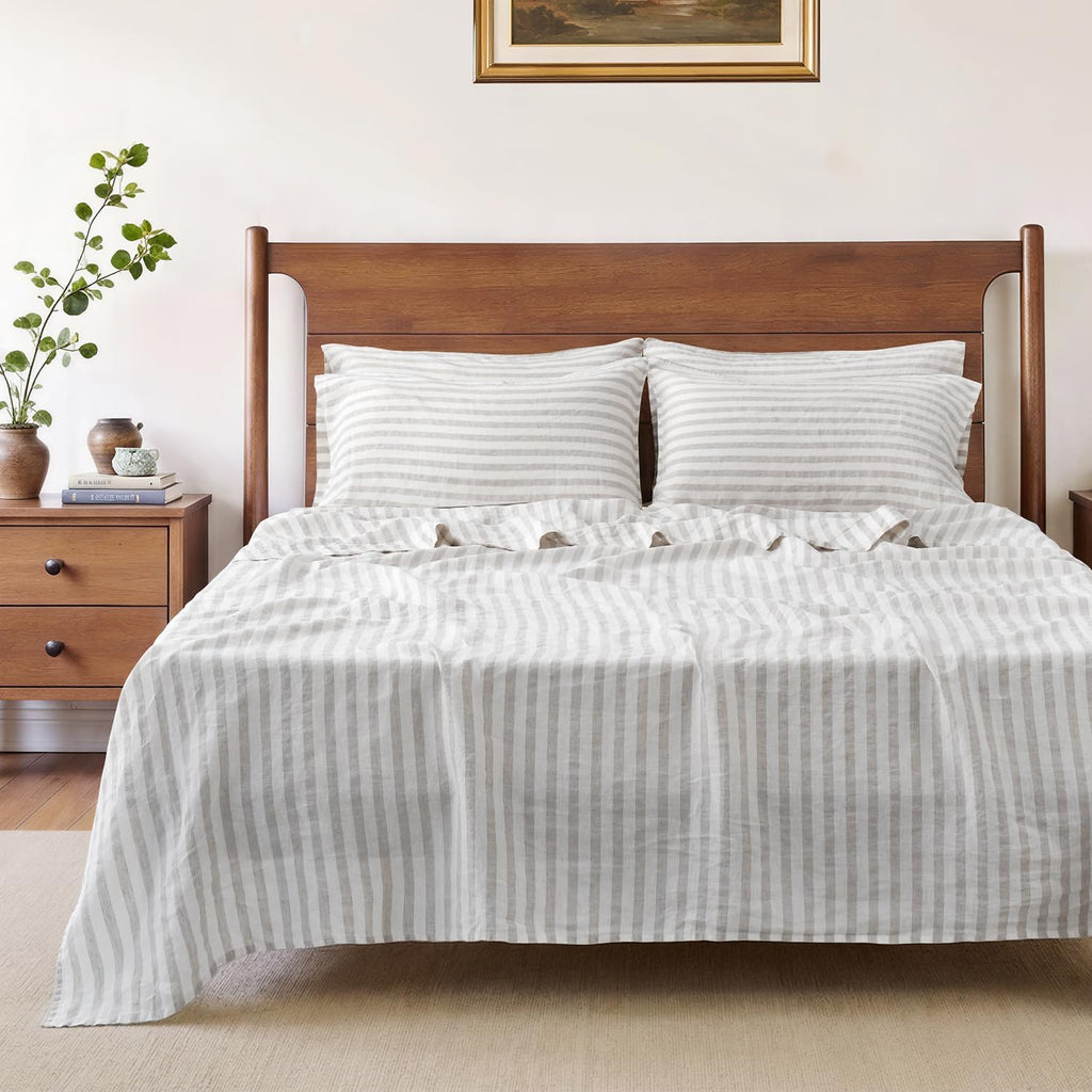 S VICTORY SYMBOL 100% Organic Linen Sheets Set,Yarn Dyed Classic Beige Stripe Sheets,French Natural Stone Washed Flax Bedding Set,4pcs Farmhouse Bed Sheets Full Size