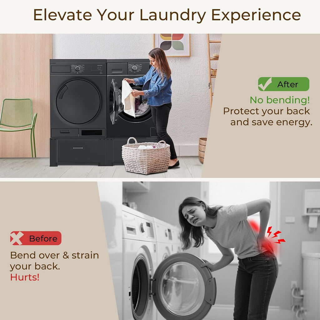 SKM Washer and Dryer Pedestal with Drawer, Laundry Pedestal for Washer and Dryer Stand, Heavy Duty Steel Washing Machine Stand Height Raiser (2, black, 28' W x 29' D x 14' H)