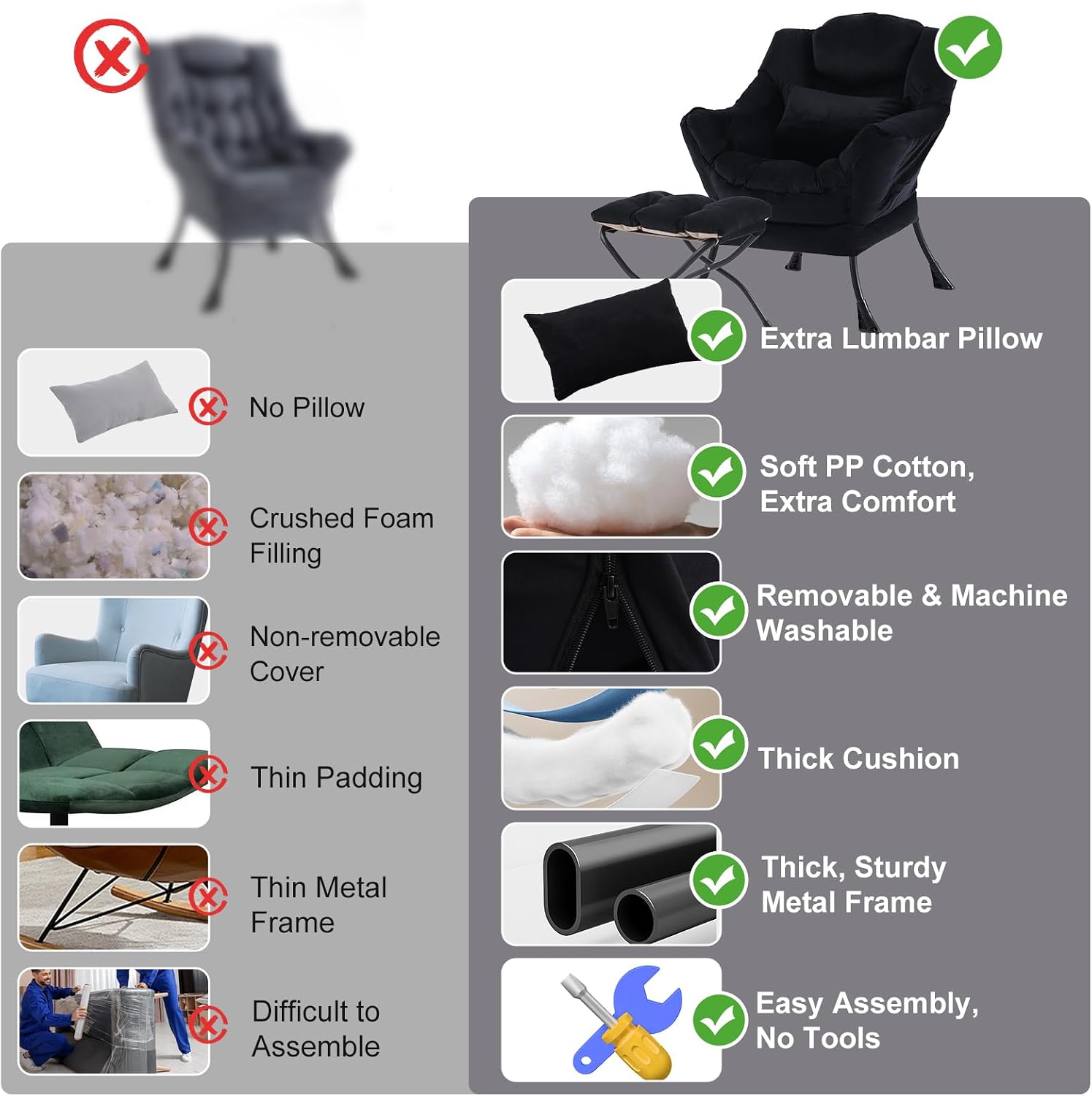 Lazy Chair with Ottoman, Modern Accent Chair with Lumbar Pillow, Velvet Black Sofa, Armchairs with Folding Footrest, Oversized Supportive Chairs for Bedroom, Reading
