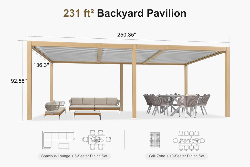 PURPLE LEAF Louvered Pergola 11' x 21' Outdoor Wood Grain Aluminum Pergolas with 36 Clear LED Lights Adjustable Roof Retractable Patio Rainproof Hardtop Gazebo for Deck Backyard Garden